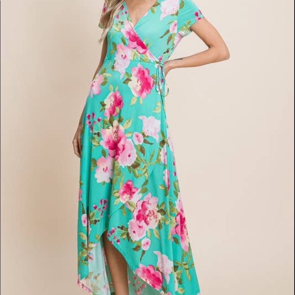 Floral High-Low Wrap Dress in Aqua with Pink Bloom